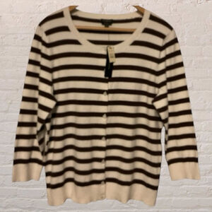 Women's Talbots pima cotton Striped Cardigan XL White Brown